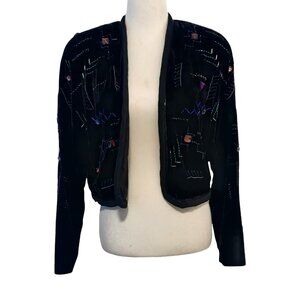 Linda Bentley Women Vtg Sz 12 Black Velvet Beaded Open Short Evening Jacket Flaw